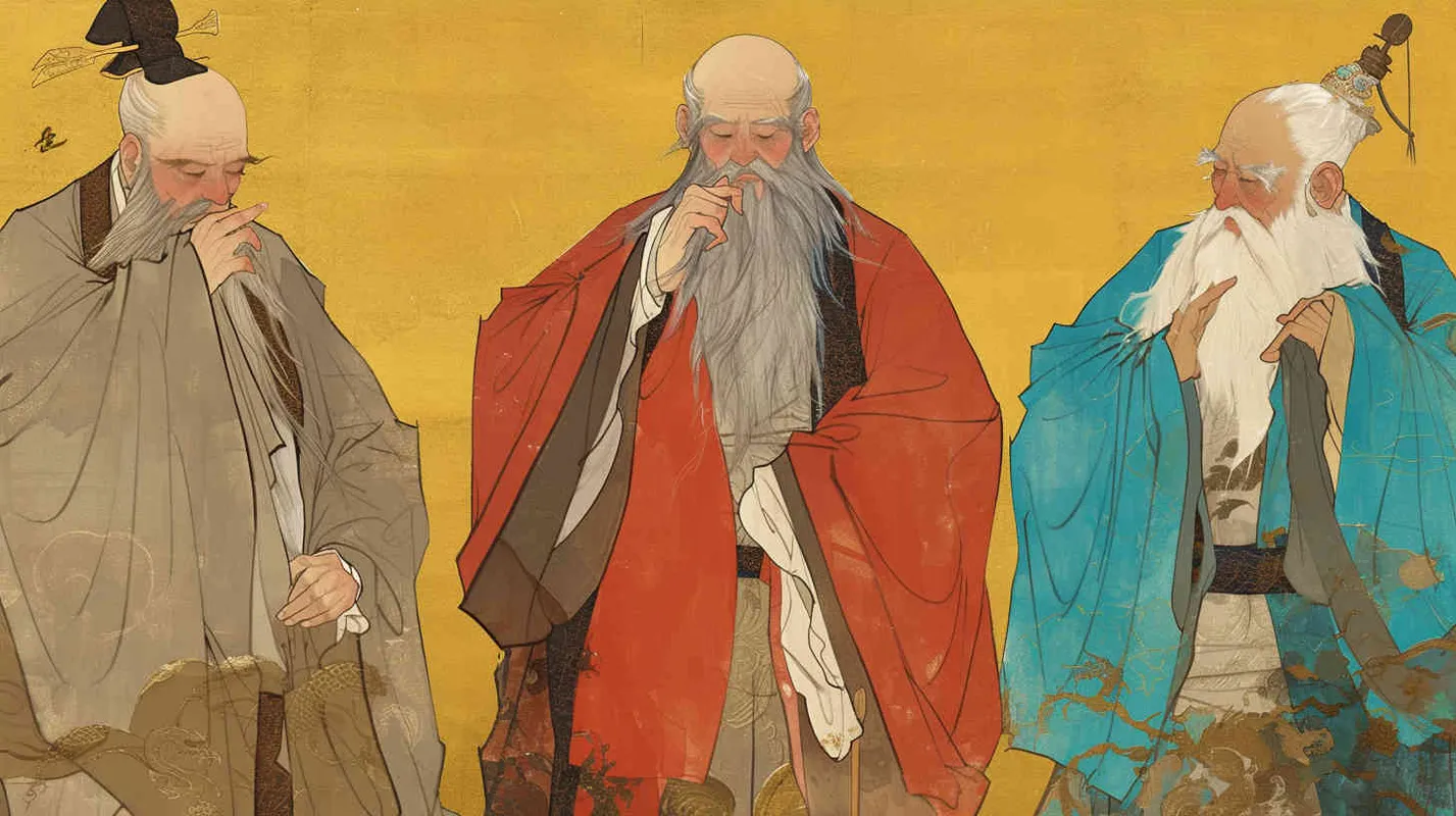 Under the blue sky and white clouds, a handsome ancient Chinese man tied his hair, wore a hair crown, and wore a red robe. Standing next to him were three ancient Chinese men in gray robes, wearing headbands. - style3部分