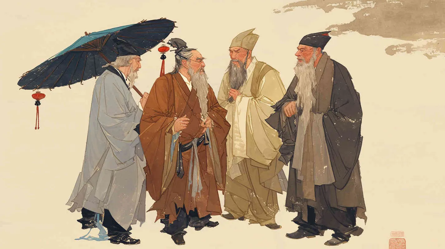 Under the blue sky and white clouds, a handsome ancient Chinese man tied his hair, wore a hair crown, and wore a red robe. Standing next to him were three ancient Chinese men in gray robes, wearing headbands. - style4部分