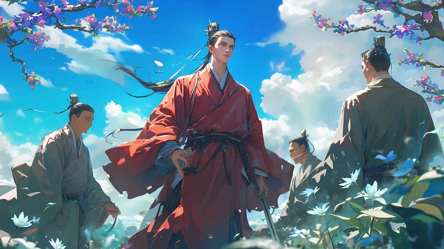 蓝天白云下，一个面容俊俏的中国古代少年，束起头发，头戴束发冠，穿着一件红色长袍。 身边站着三个身穿灰色长袍的中国古代男子，头戴束发带。 - style2部分