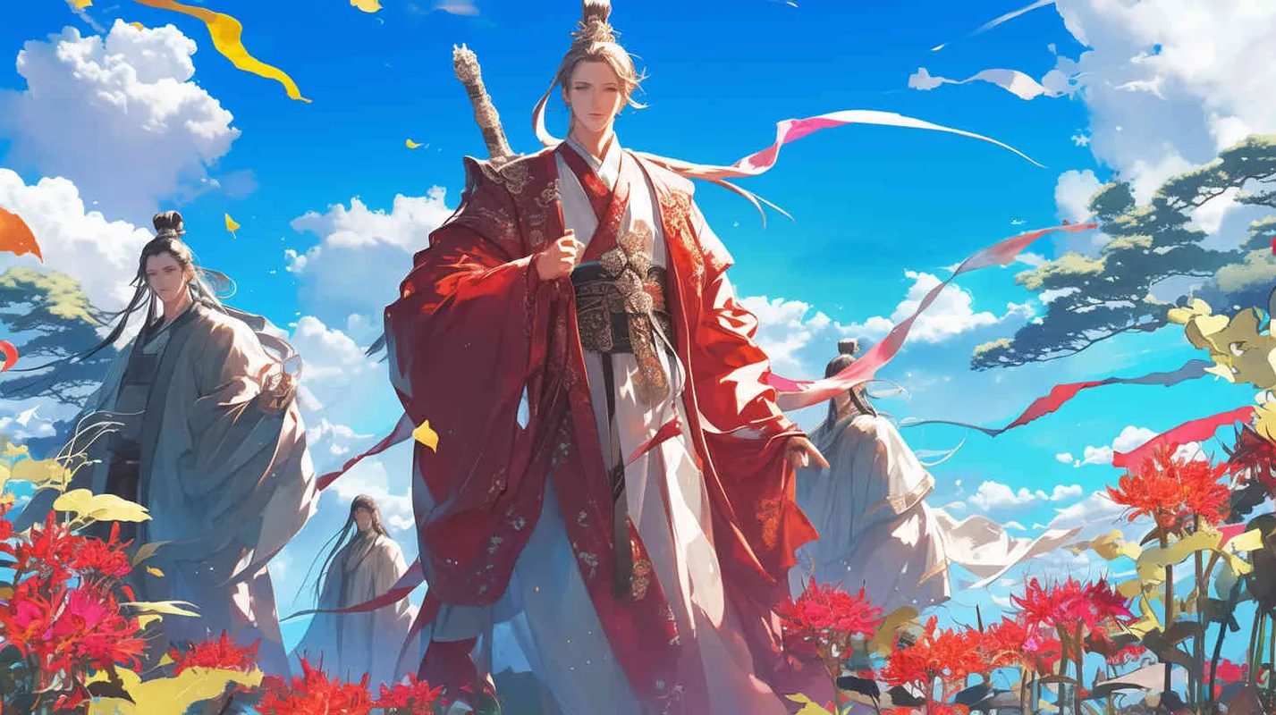 蓝天白云下，一个面容俊俏的中国古代少年，束起头发，头戴束发冠，穿着一件红色长袍。 身边站着三个身穿灰色长袍的中国古代男子，头戴束发带。 - style3部分