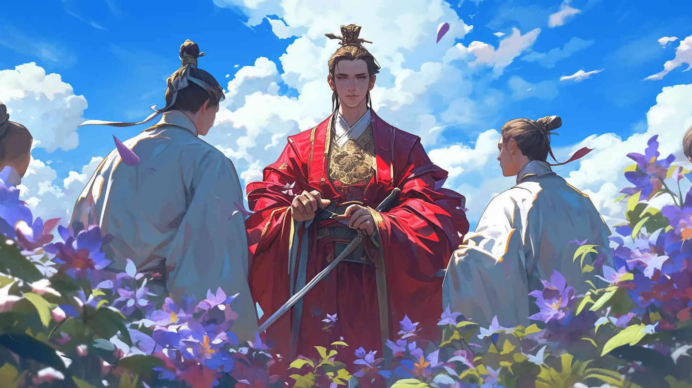 蓝天白云下，一个面容俊俏的中国古代少年，束起头发，头戴束发冠，穿着一件红色长袍。 身边站着三个身穿灰色长袍的中国古代男子，头戴束发带。 - style4部分