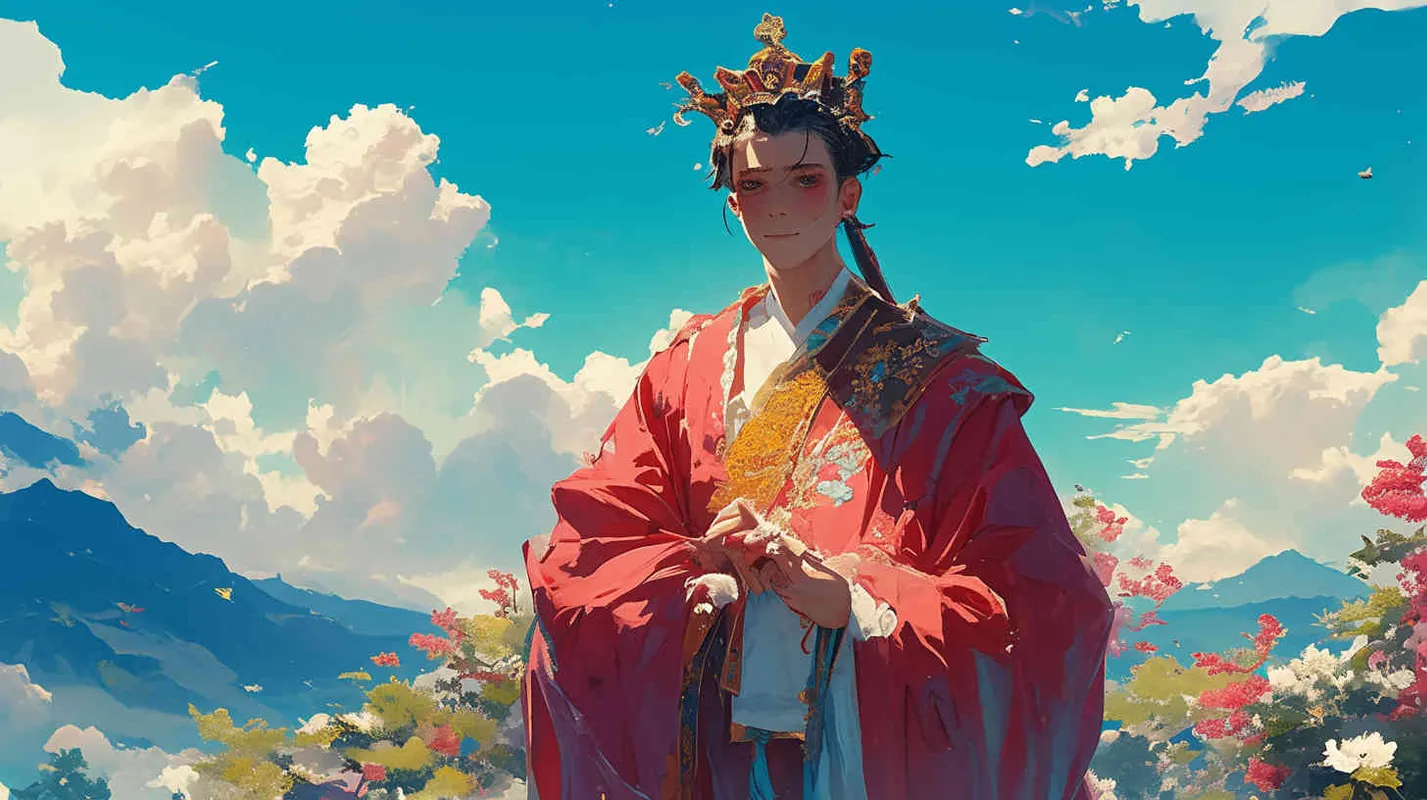 蓝天白云下，一个面容俊俏的中国古代少年，束起头发，头戴皇冠，穿着一件红色长袍。站在山顶 – AI绘画作品展示 | Midjourney中文版生成