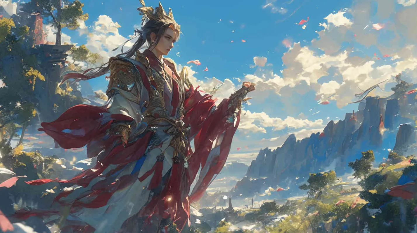 蓝天白云下，一个面容俊俏的中国古代少年，束起头发，头戴皇冠，穿着一件红色长袍。站在山顶 - style3部分