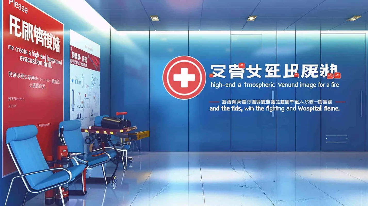 帮我作一张消防应急疏散演习的会场背景图，需要由消防元素，又有医院元素，主题为蓝白色，高端大气。 - style1部分