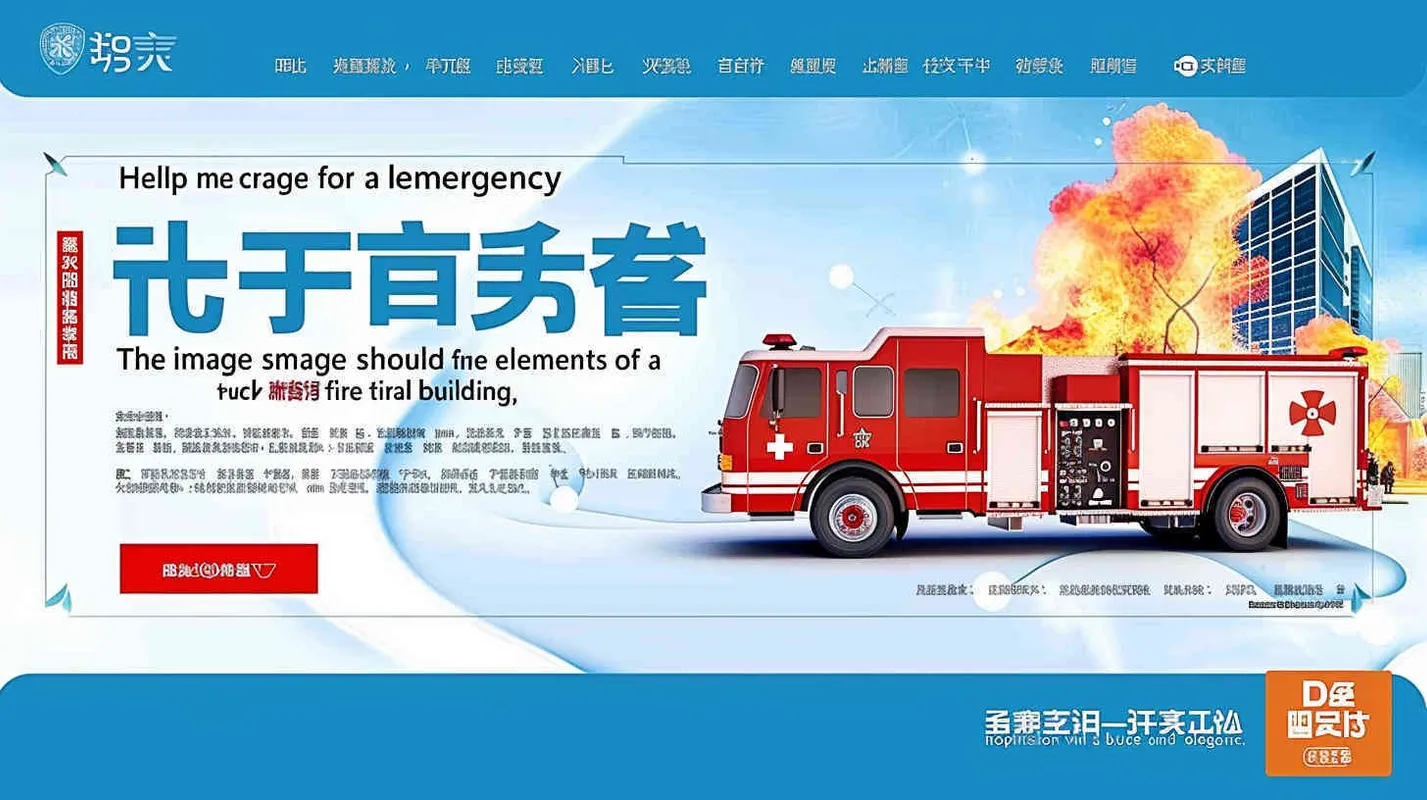 帮我作一张消防应急疏散演习的会场背景图，需要有消防车的元素，又有医院大楼的元素，主题为蓝白色，高端大气。 - style1部分