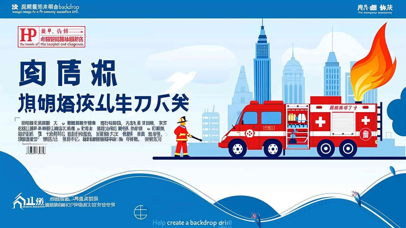 帮我作一张消防应急疏散演习的会场背景图，需要有消防车的元素，又有医院大楼的元素，主题为蓝白色，高端大气。 - style2部分