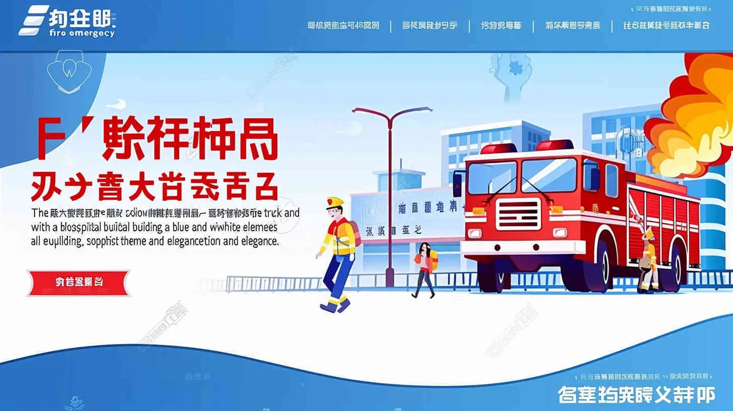 帮我作一张消防应急疏散演习的会场背景图，需要有消防车的元素，又有医院大楼的元素，主题为蓝白色，高端大气。 - style3部分