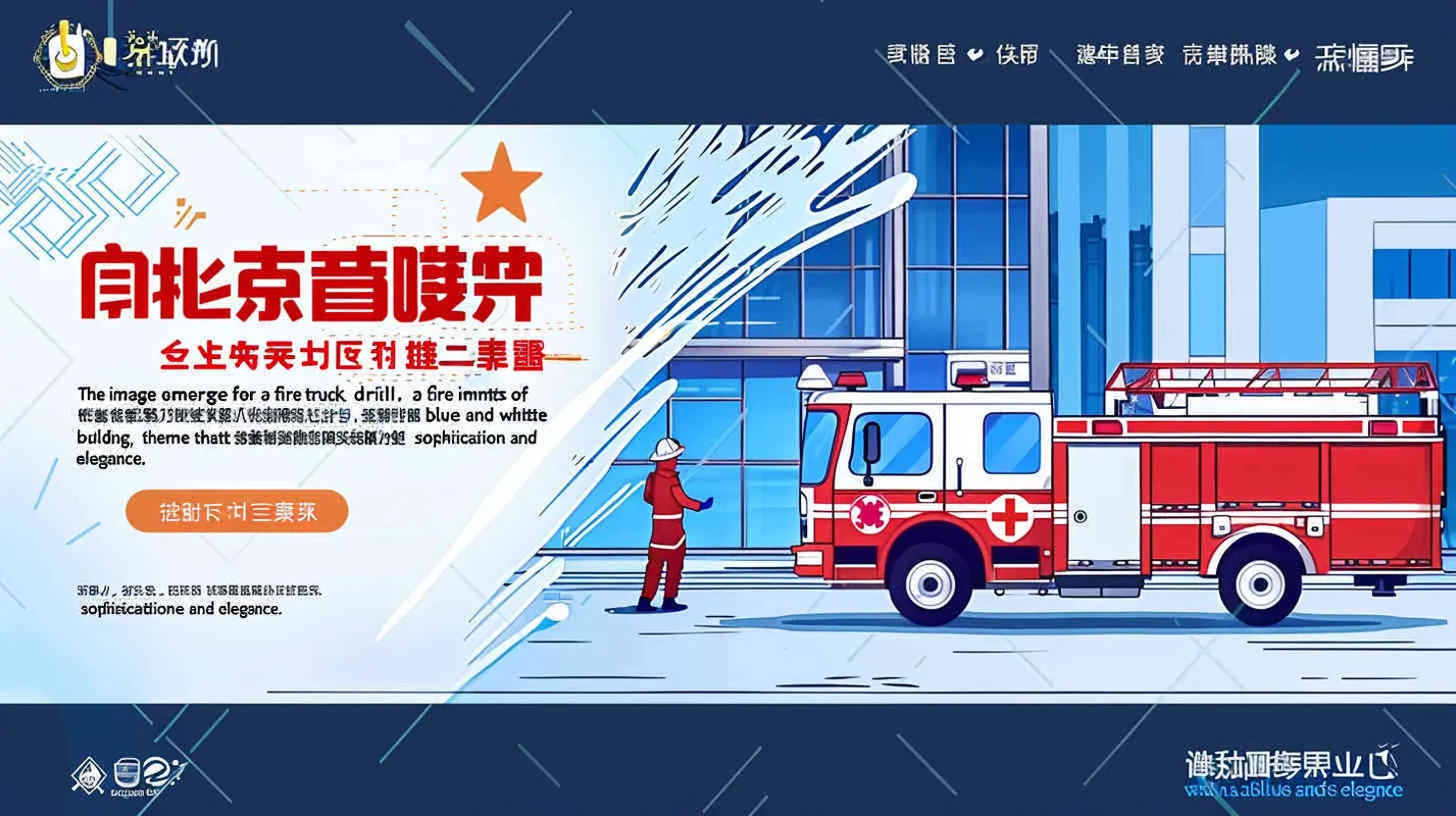 帮我作一张消防应急疏散演习的会场背景图，需要有消防车的元素，又有医院大楼的元素，主题为蓝白色，高端大气。 - style4部分
