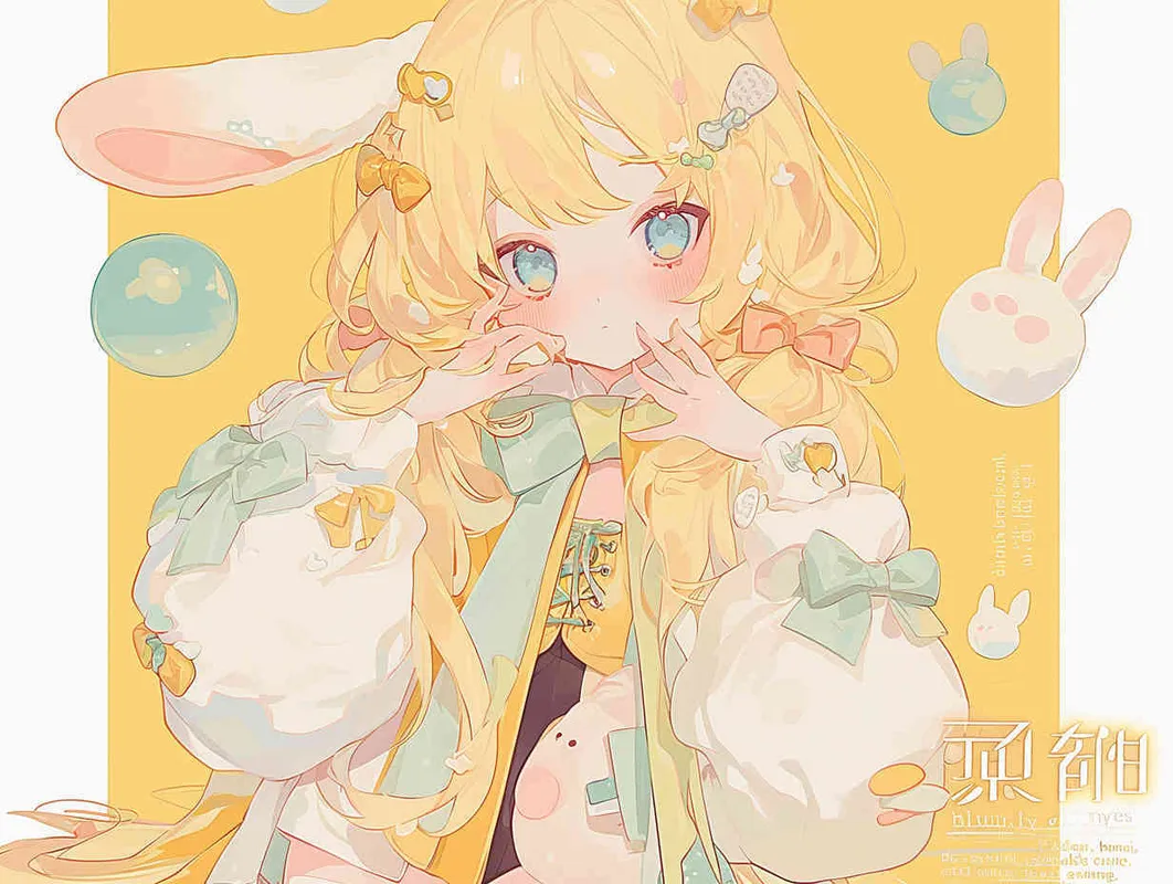 黄色头发，小兔子元素，kawaii，蓝色眼睛，可爱，萌 - style1部分