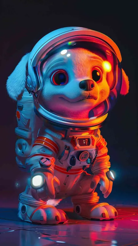Cute cartoon white dog, wearing a spacesuit and helmet, with a fluorescent color scheme against a dark background, in the high definition wallpaper style. The cute animation character has a colorful lights design in the style of Disney, with glowing eyes and a cute expression in a full body portrait against a solid black background. - style1部分