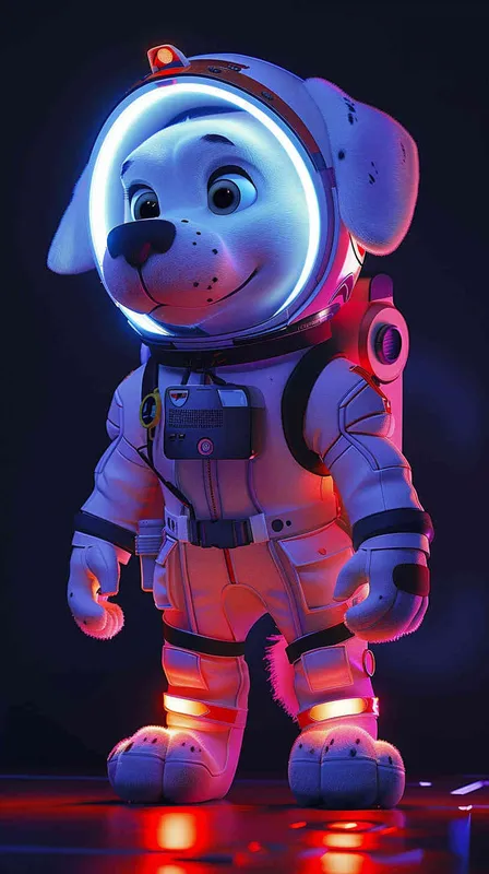 Cute cartoon white dog, wearing a spacesuit and helmet, with a fluorescent color scheme against a dark background, in the high definition wallpaper style. The cute animation character has a colorful lights design in the style of Disney, with glowing eyes and a cute expression in a full body portrait against a solid black background. - style2部分