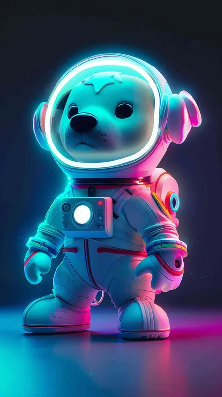 Cute cartoon white dog, wearing a spacesuit and helmet, with a fluorescent color scheme against a dark background, in the high definition wallpaper style. The cute animation character has a colorful lights design in the style of Disney, with glowing eyes and a cute expression in a full body portrait against a solid black background. - style3部分