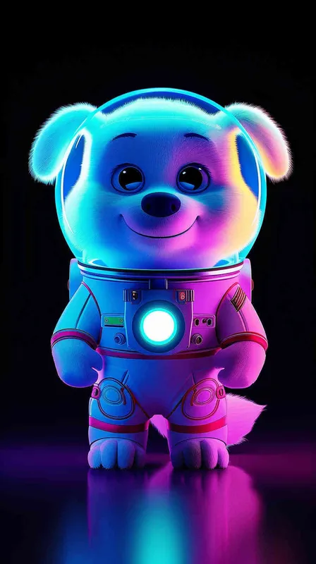 Cute cartoon white dog, wearing a spacesuit and helmet, with a fluorescent color scheme against a dark background, in the high definition wallpaper style. The cute animation character has a colorful lights design in the style of Disney, with glowing eyes and a cute expression in a full body portrait against a solid black background. - style4部分