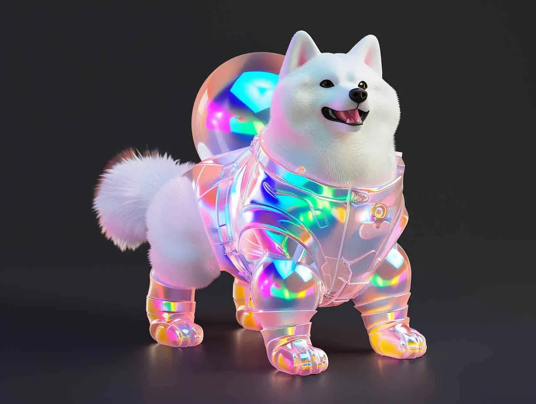 白色萨摩耶，透明宇航服， A cute dog in a space suit, with a fluorescent color scheme and holographic texture, sparkling glow and bright colors against a black background, in a full body shot, with a cute cartoon style in the spirit of Disney Pixar animation, a cute and colorful cartoon character design with high resolution, high details, and high quality. --ar 97:128 - style1部分