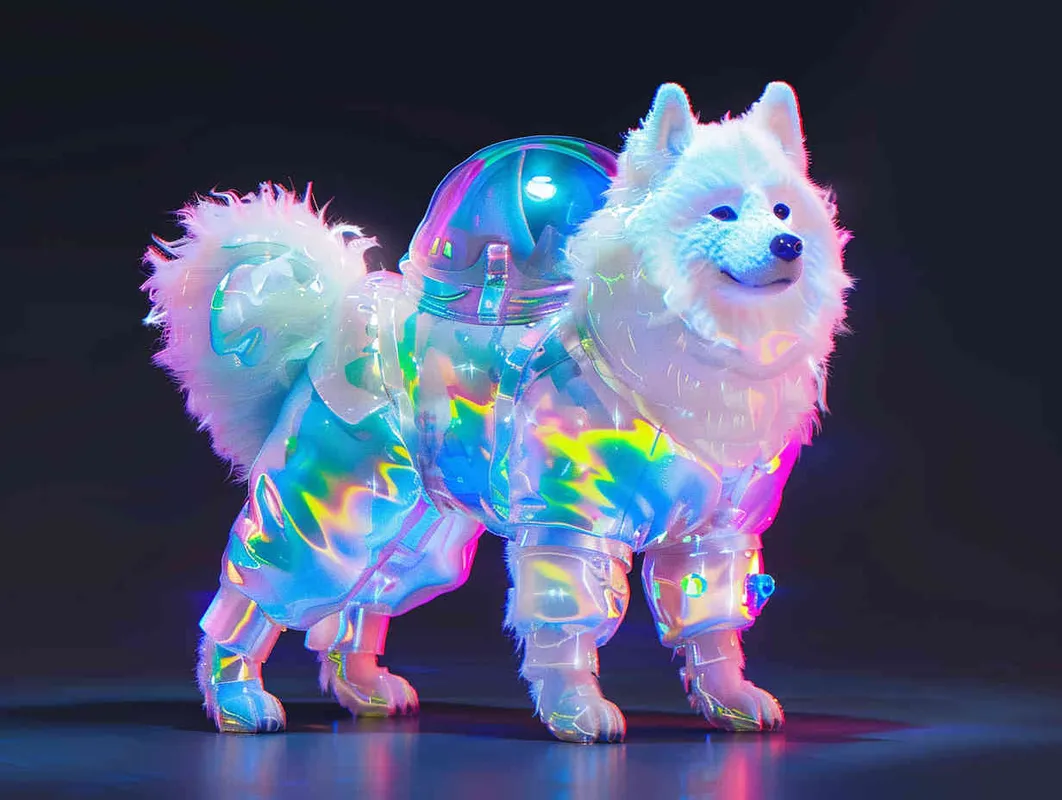 白色萨摩耶，透明宇航服， A cute dog in a space suit, with a fluorescent color scheme and holographic texture, sparkling glow and bright colors against a black background, in a full body shot, with a cute cartoon style in the spirit of Disney Pixar animation, a cute and colorful cartoon character design with high resolution, high details, and high quality. --ar 97:128 - style2部分
