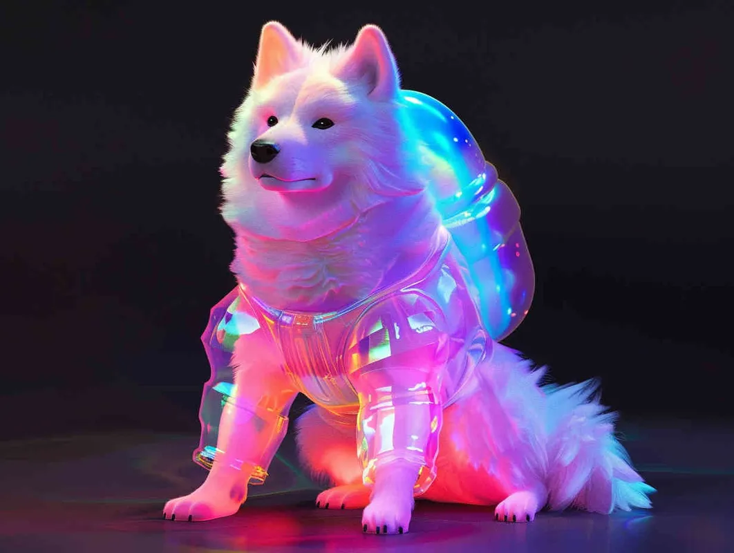 白色萨摩耶，透明宇航服， A cute dog in a space suit, with a fluorescent color scheme and holographic texture, sparkling glow and bright colors against a black background, in a full body shot, with a cute cartoon style in the spirit of Disney Pixar animation, a cute and colorful cartoon character design with high resolution, high details, and high quality. --ar 97:128 - style3部分