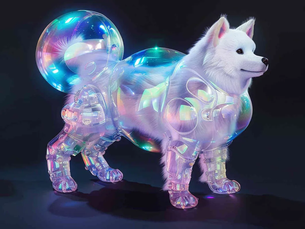 白色萨摩耶，透明宇航服， A cute dog in a space suit, with a fluorescent color scheme and holographic texture, sparkling glow and bright colors against a black background, in a full body shot, with a cute cartoon style in the spirit of Disney Pixar animation, a cute and colorful cartoon character design with high resolution, high details, and high quality. --ar 97:128 - style4部分