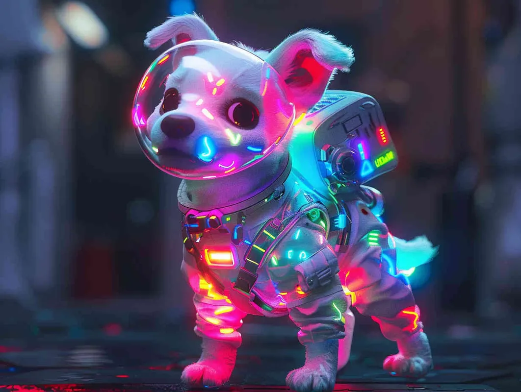 A cute white dog in a space suit, with a fluorescent color scheme and holographic texture, sparkling glow and bright colors against a black background, in a full body shot, with a cute cartoon style in the spirit of Disney Pixar animation, a cute and colorful cartoon character design with high resolution, high details, and high quality. --ar 97:128 - style1部分