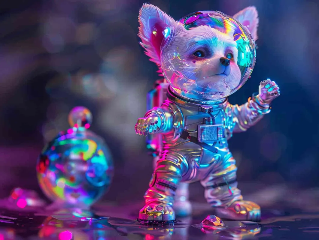 A cute white dog in a space suit, with a fluorescent color scheme and holographic texture, sparkling glow and bright colors against a black background, in a full body shot, with a cute cartoon style in the spirit of Disney Pixar animation, a cute and colorful cartoon character design with high resolution, high details, and high quality. --ar 97:128 - style3部分