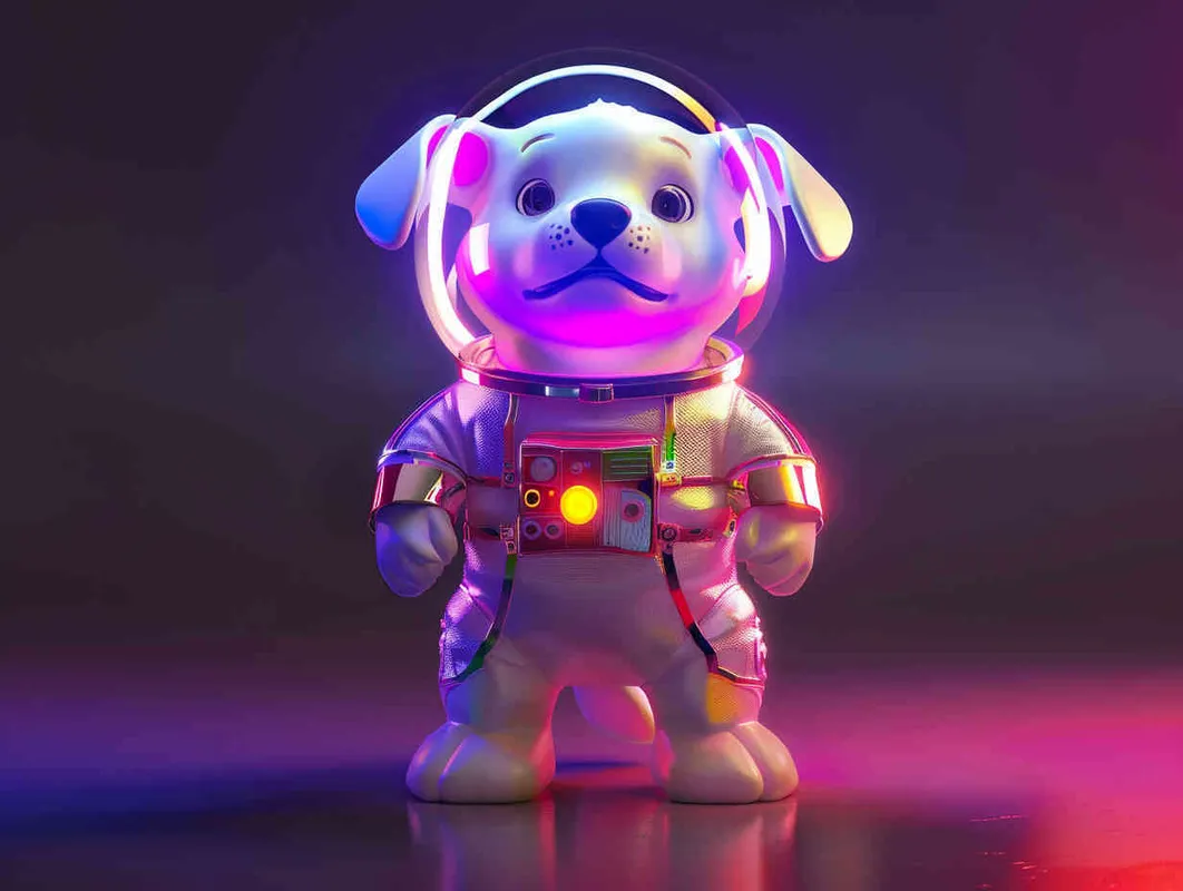A cute white dog in a space suit, with a fluorescent color scheme and holographic texture, sparkling glow and bright colors against a black background, in a full body shot, with a cute cartoon style in the spirit of Disney Pixar animation, a cute and colorful cartoon character design with high resolution, high details, and high quality. --ar 97:128 - style4部分
