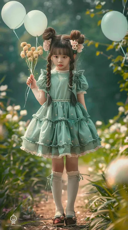 1️⃣ A cute little girl wearing a mint green dress with frilly ruffles, white socks and hair in two braided buns stands on a path surrounded by flowers holding balloons. The style is fantasy, dreamy and surreal with hyper detailed, full body portrait photographed with a Canon EOS Mark IV camera. --ar 37:56 - style3部分