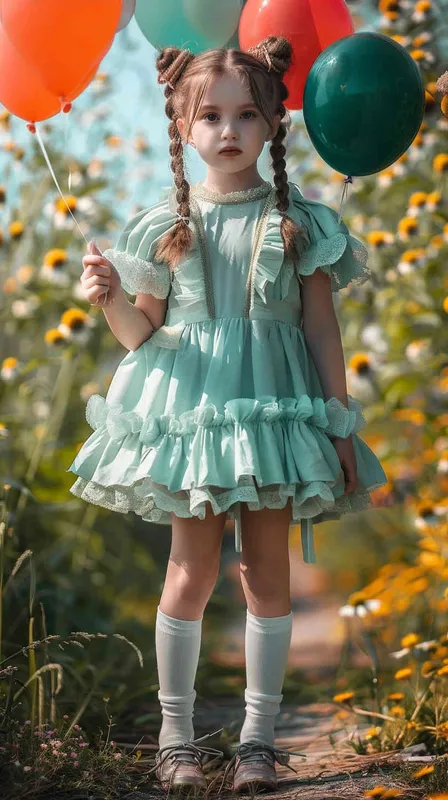 1️⃣ A cute little girl wearing a mint green dress with frilly ruffles, white socks and hair in two braided buns stands on a path surrounded by flowers holding balloons. The style is fantasy, dreamy and surreal with hyper detailed, full body portrait photographed with a Canon EOS Mark IV camera. --ar 37:56 - style4部分