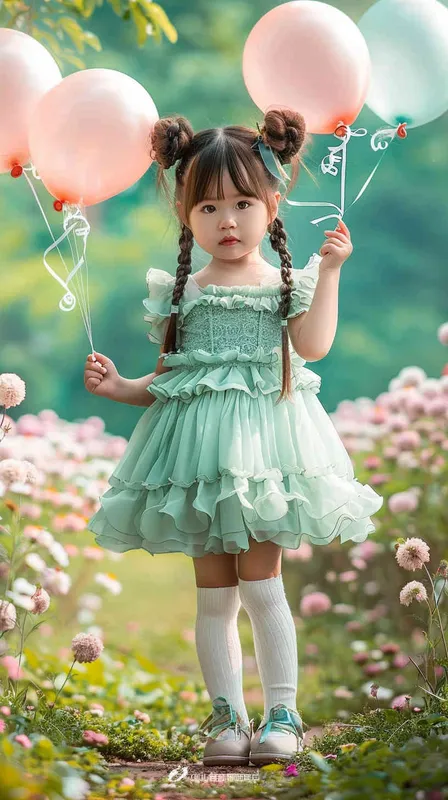 1️⃣ A cute asian little girl wearing a mint green dress with frilly ruffles, white socks and hair in two braided buns stands on a path surrounded by flowers holding balloons. The style is fantasy, dreamy and surreal with hyper detailed, full body portrait photographed with a Canon EOS Mark IV camera. --ar 37:56 - style1部分