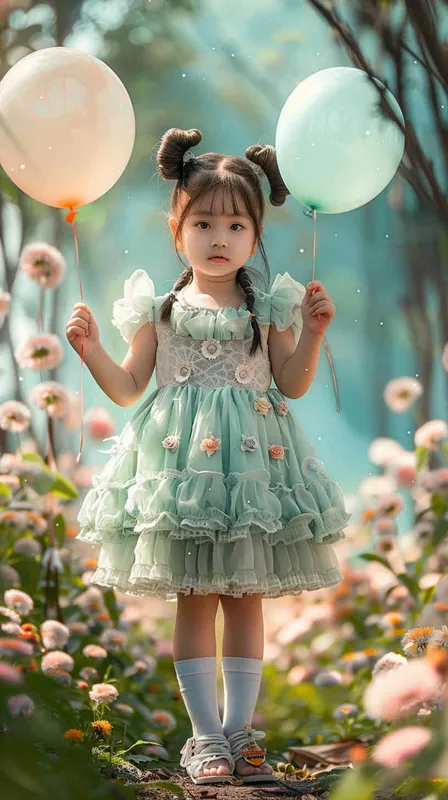 1️⃣ A cute asian little girl wearing a mint green dress with frilly ruffles, white socks and hair in two braided buns stands on a path surrounded by flowers holding balloons. The style is fantasy, dreamy and surreal with hyper detailed, full body portrait photographed with a Canon EOS Mark IV camera. --ar 37:56 - style2部分