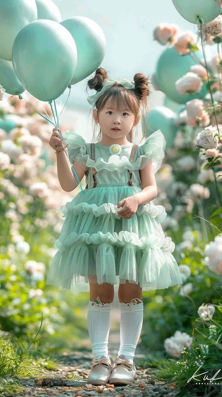 1️⃣ A cute asian little girl wearing a mint green dress with frilly ruffles, white socks and hair in two braided buns stands on a path surrounded by flowers holding balloons. The style is fantasy, dreamy and surreal with hyper detailed, full body portrait photographed with a Canon EOS Mark IV camera. --ar 37:56 - style3部分