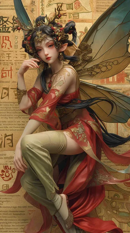 a flying fairy is dancing
风格：in the style of Dunhuang style,chinese mythology,clay material,fairy front view, an exaggerated expression，Chinese culture,full body,soft shapes,in the style of nostalgic nostalgia, red and green, wimmelbilder, dolly kei, gentle expressions，fine luster,3D render, oc render,best quality,8kbrightfront lightin - style3部分