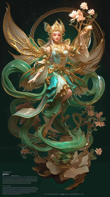 a flying fairy is dancing
风格：in the style of Dunhuang style,chinese mythology,clay material,fairy front view, an exaggerated expression，Chinese culture,full body,soft shapes,in the style of nostalgic nostalgia, red and green, wimmelbilder, dolly kei, gentle expressions，fine luster,3D render, oc render,best quality,8kbrightfront lightin - style4部分