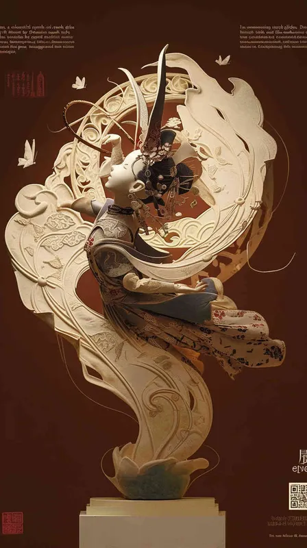 A celestial nymph glides gracefully in a mesmerizing display, Drawing inspiration from Dunhuang style and Chinese mythology, Crafted from clay, the embodiment of ethereal beauty, Her countenance adorned with an exaggerated expression, Symbolizing the richness of Chinese culture and tradition. With a full-bodied form and softly sculpted features, She evokes a nostalgic longing for bygone eras, Her vibrant hues of red and green create a captivating scene, Amidst wimmelbilder-like imagery, a blend of dolly kei and fantasy. Her gentle expression radiates a fine luster, Rendered in exquisite 3D detail, showcasing the best quality, Illuminated by the brilliance of an 8kbrightfront light, This enchanting flying fairy comes to life in all its resplendence. - style1部分