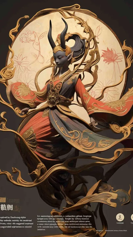 A celestial nymph glides gracefully in a mesmerizing display, Drawing inspiration from Dunhuang style and Chinese mythology, Crafted from clay, the embodiment of ethereal beauty, Her countenance adorned with an exaggerated expression, Symbolizing the richness of Chinese culture and tradition. With a full-bodied form and softly sculpted features, She evokes a nostalgic longing for bygone eras, Her vibrant hues of red and green create a captivating scene, Amidst wimmelbilder-like imagery, a blend of dolly kei and fantasy. Her gentle expression radiates a fine luster, Rendered in exquisite 3D detail, showcasing the best quality, Illuminated by the brilliance of an 8kbrightfront light, This enchanting flying fairy comes to life in all its resplendence. - style2部分