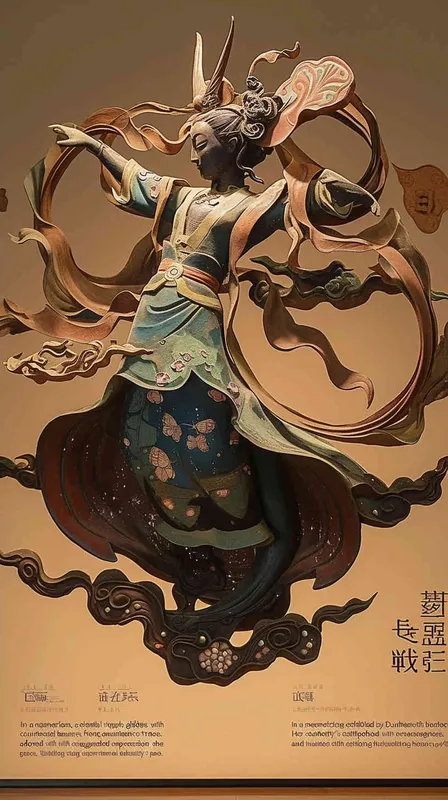 A celestial nymph glides gracefully in a mesmerizing display, Drawing inspiration from Dunhuang style and Chinese mythology, Crafted from clay, the embodiment of ethereal beauty, Her countenance adorned with an exaggerated expression, Symbolizing the richness of Chinese culture and tradition. With a full-bodied form and softly sculpted features, She evokes a nostalgic longing for bygone eras, Her vibrant hues of red and green create a captivating scene, Amidst wimmelbilder-like imagery, a blend of dolly kei and fantasy. Her gentle expression radiates a fine luster, Rendered in exquisite 3D detail, showcasing the best quality, Illuminated by the brilliance of an 8kbrightfront light, This enchanting flying fairy comes to life in all its resplendence. - style3部分