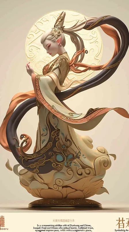 A celestial nymph glides gracefully in a mesmerizing display, Drawing inspiration from Dunhuang style and Chinese mythology, Crafted from clay, the embodiment of ethereal beauty, Her countenance adorned with an exaggerated expression, Symbolizing the richness of Chinese culture and tradition. With a full-bodied form and softly sculpted features, She evokes a nostalgic longing for bygone eras, Her vibrant hues of red and green create a captivating scene, Amidst wimmelbilder-like imagery, a blend of dolly kei and fantasy. Her gentle expression radiates a fine luster, Rendered in exquisite 3D detail, showcasing the best quality, Illuminated by the brilliance of an 8kbrightfront light, This enchanting flying fairy comes to life in all its resplendence. - style4部分