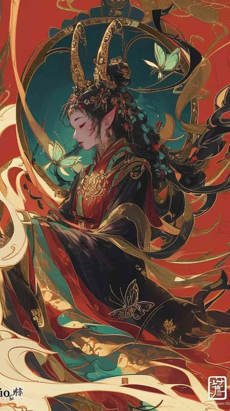 A celestial nymph glides gracefully in a mesmerizing display, Drawing inspiration from Dunhuang style and Chinese mythology,  the embodiment of ethereal beauty, Her countenance adorned with an exaggerated expression, Symbolizing the richness of Chinese culture and tradition. With a full-bodied form and softly sculpted features, She evokes a nostalgic longing for bygone eras, Her vibrant hues of red and green create a captivating scene, Amidst wimmelbilder-like imagery, a blend of dolly kei and fantasy. Her gentle expression radiates a fine luster, Rendered in exquisite 2D detail, showcasing the best quality, Illuminated by the brilliance of an 8kbrightfront light, This enchanting flying fairy comes to life in all its resplendence. – AI绘画作品展示 | Midjourney中文版生成