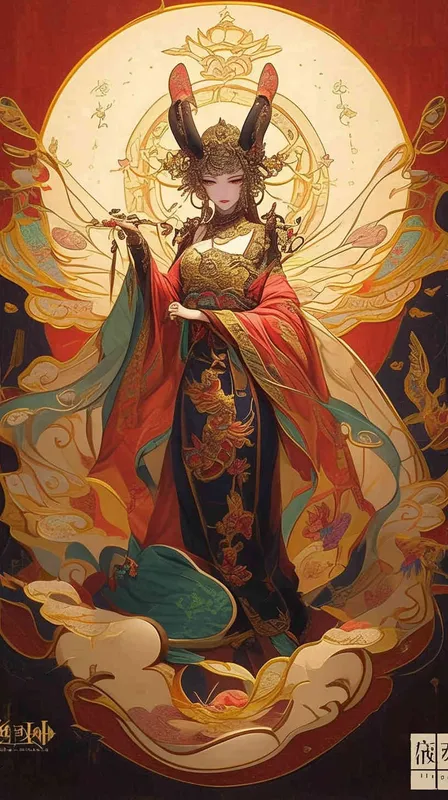 A celestial nymph glides gracefully in a mesmerizing display, Drawing inspiration from Dunhuang style and Chinese mythology,  the embodiment of ethereal beauty, Her countenance adorned with an exaggerated expression, Symbolizing the richness of Chinese culture and tradition. With a full-bodied form and softly sculpted features, She evokes a nostalgic longing for bygone eras, Her vibrant hues of red and green create a captivating scene, Amidst wimmelbilder-like imagery, a blend of dolly kei and fantasy. Her gentle expression radiates a fine luster, Rendered in exquisite 2D detail, showcasing the best quality, Illuminated by the brilliance of an 8kbrightfront light, This enchanting flying fairy comes to life in all its resplendence. - style2部分