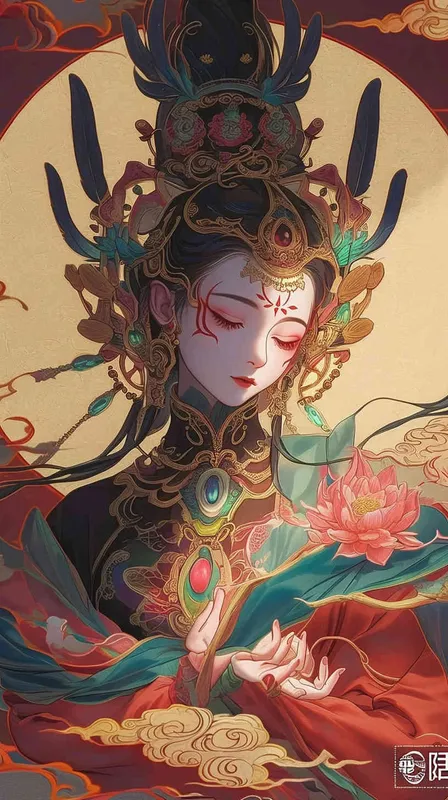 A celestial nymph glides gracefully in a mesmerizing display, Drawing inspiration from Dunhuang style and Chinese mythology,  the embodiment of ethereal beauty, Her countenance adorned with an exaggerated expression, Symbolizing the richness of Chinese culture and tradition. With a full-bodied form and softly sculpted features, She evokes a nostalgic longing for bygone eras, Her vibrant hues of red and green create a captivating scene, Amidst wimmelbilder-like imagery, a blend of dolly kei and fantasy. Her gentle expression radiates a fine luster, Rendered in exquisite 2D detail, showcasing the best quality, Illuminated by the brilliance of an 8kbrightfront light, This enchanting flying fairy comes to life in all its resplendence. - style4部分