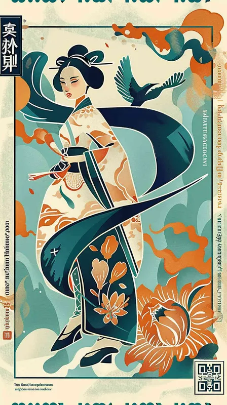 A flat design Chinese traditional style postage stamp with the  an illustration of a beautiful girl in Hanfu wearing a long skirt, with a blue, green, orange and white color scheme, graphic poster design in the style of Kainan Hoshino, bold lines, a clean background, colorful patterns, detailed character illustrations, colorful woodcut prints, flat colors, simple details, vector graphics, vector art. --ar 3:4 - style1部分