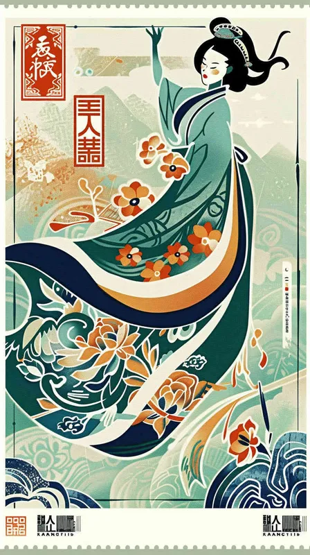 A flat design Chinese traditional style postage stamp with the  an illustration of a beautiful girl in Hanfu wearing a long skirt, with a blue, green, orange and white color scheme, graphic poster design in the style of Kainan Hoshino, bold lines, a clean background, colorful patterns, detailed character illustrations, colorful woodcut prints, flat colors, simple details, vector graphics, vector art. --ar 3:4 - style2部分