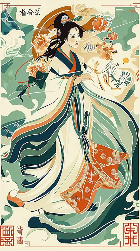 A flat design Chinese traditional style postage stamp with the  an illustration of a beautiful girl in Hanfu wearing a long skirt, with a blue, green, orange and white color scheme, graphic poster design in the style of Kainan Hoshino, bold lines, a clean background, colorful patterns, detailed character illustrations, colorful woodcut prints, flat colors, simple details, vector graphics, vector art. --ar 3:4 - style3部分