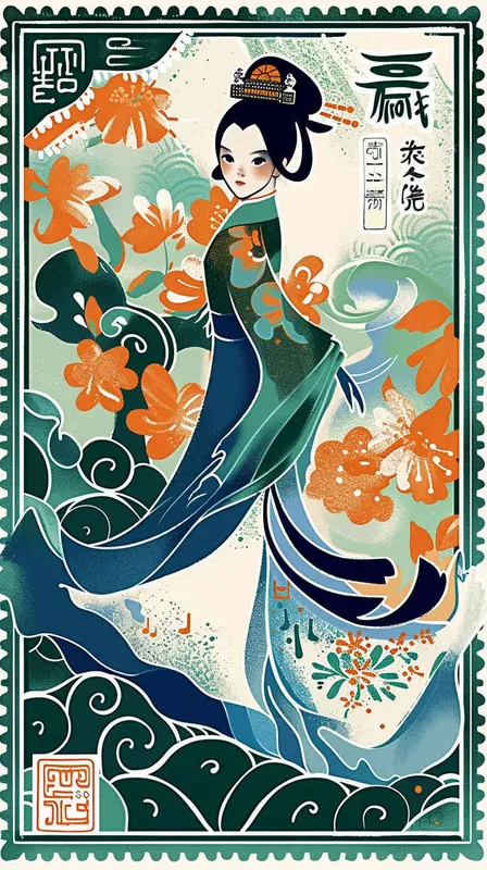 A flat design Chinese traditional style postage stamp with the  an illustration of a beautiful girl in Hanfu wearing a long skirt, with a blue, green, orange and white color scheme, graphic poster design in the style of Kainan Hoshino, bold lines, a clean background, colorful patterns, detailed character illustrations, colorful woodcut prints, flat colors, simple details, vector graphics, vector art. --ar 3:4 - style4部分