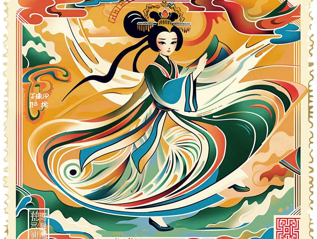 A flat design Chinese traditional Dunhuang cultural themestyle postage stamp with the  an illustration of a Dunhuang Flying Goddessinwearing a long skirt, with Dunhuang Murals color palette color scheme, graphic poster design in the style of Kainan Hoshino, bold lines, a clean background, colorful patterns, detailed character illustrations, colorful woodcut prints, flat colors, simple details, vector graphics, vector art. --ar 3:4 - style2部分