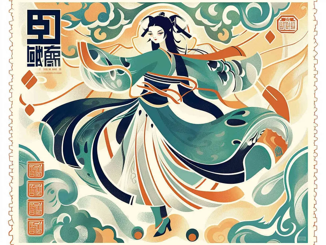 A flat design Chinese traditional Dunhuang cultural themestyle postage stamp with the  an illustration of a Dunhuang Flying Goddessinwearing a long skirt, with Dunhuang Murals color palette color scheme, graphic poster design in the style of Kainan Hoshino, bold lines, a clean background, colorful patterns, detailed character illustrations, colorful woodcut prints, flat colors, simple details, vector graphics, vector art. --ar 3:4 - style3部分