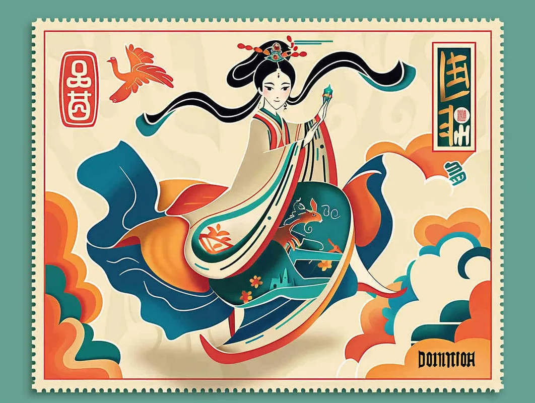 A flat design Chinese traditional Dunhuang cultural themestyle postage stamp with the  an illustration of a Dunhuang Flying Goddessinwearing a long skirt, with Dunhuang Murals color palette color scheme, graphic poster design in the style of Kainan Hoshino, bold lines, a clean background, colorful patterns, detailed character illustrations, colorful woodcut prints, flat colors, simple details, vector graphics, vector art. --ar 3:4 - style4部分