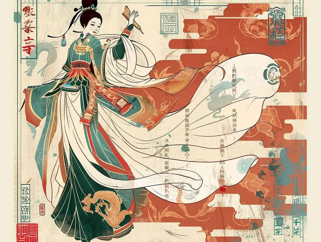 A flat design Chinese traditional Dunhuang cultural themestyle with the  an illustration of a Dunhuang Flying Goddessinwearing a long skirt, with Dunhuang Murals color palette color scheme, graphic poster design in the style of Kainan Hoshino, bold lines, a clean background, colorful patterns, detailed character illustrations, colorful woodcut prints, flat colors, simple details, vector graphics, vector art. –ar 3:4 – AI绘画作品展示 | Midjourney中文版生成