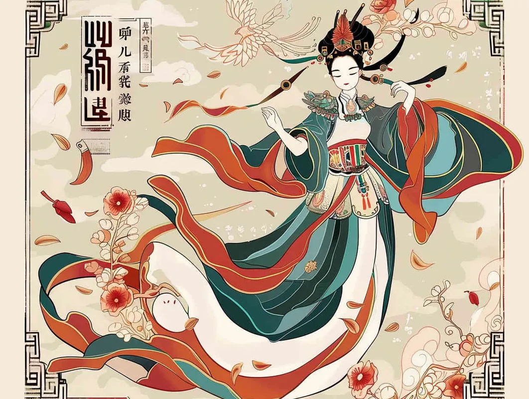 A flat design Chinese traditional Dunhuang cultural themestyle with the  an illustration of a Dunhuang Flying Goddessinwearing a long skirt, with Dunhuang Murals color palette color scheme, graphic poster design in the style of Kainan Hoshino, bold lines, a clean background, colorful patterns, detailed character illustrations, colorful woodcut prints, flat colors, simple details, vector graphics, vector art. --ar 3:4 - style2部分