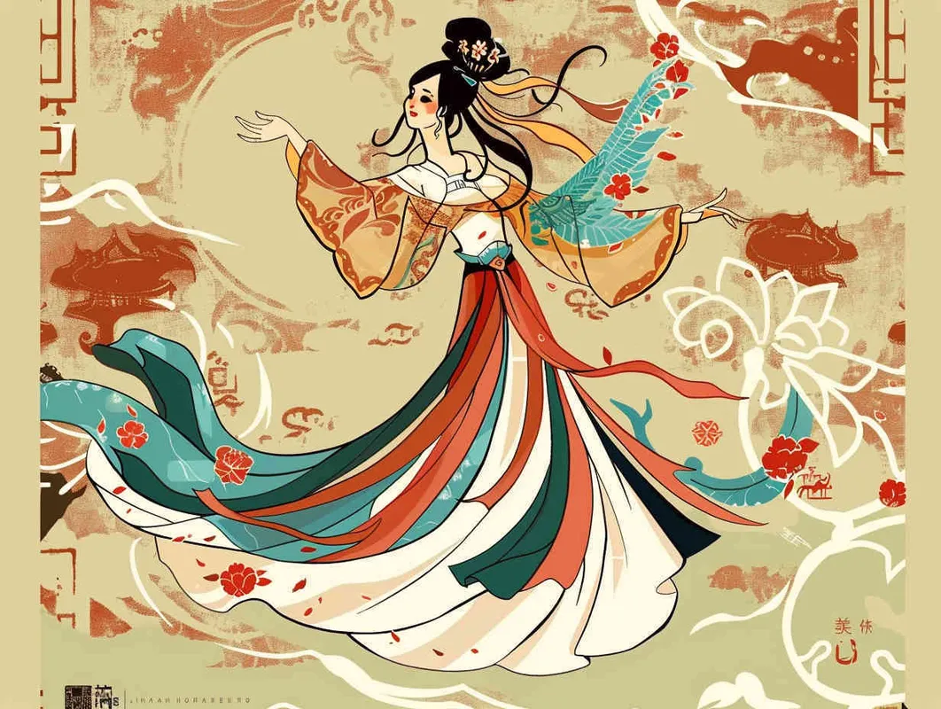 A flat design Chinese traditional Dunhuang cultural themestyle with the  an illustration of a Dunhuang Flying Goddessinwearing a long skirt, with Dunhuang Murals color palette color scheme, graphic poster design in the style of Kainan Hoshino, bold lines, a clean background, colorful patterns, detailed character illustrations, colorful woodcut prints, flat colors, simple details, vector graphics, vector art. --ar 3:4 - style3部分