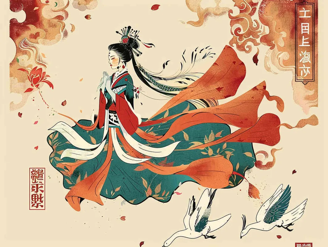 A flat design Chinese traditional Dunhuang cultural themestyle with the  an illustration of a Dunhuang Flying Goddessinwearing a long skirt, with Dunhuang Murals color palette color scheme, graphic poster design in the style of Kainan Hoshino, bold lines, a clean background, colorful patterns, detailed character illustrations, colorful woodcut prints, flat colors, simple details, vector graphics, vector art. --ar 3:4 - style4部分