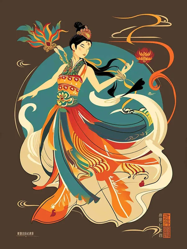 A flat design Chinese traditional Dunhuang cultural themestyle with the an illustration of a Dunhuang Flying Goddessinwearing a long skirt, with Dunhuang Murals color palette color scheme, graphic poster design in the style of Kainan Hoshino, bold lines, a clean background, colorful patterns, detailed character illustrations, colorful woodcut prints, flat colors, simple details, vector graphics, vector art. --ar 3:4  - style1部分